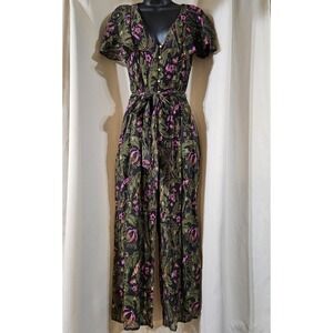 Ett:Twa by Anthropologie Brenda Dark Floral Gold Metallic Jumpsuit Wide Leg Sz 2